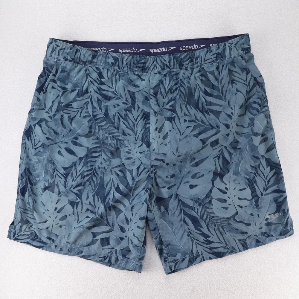 Speedo Men's Tropical Leaf‎ Print Lined Swim Trunks Shorts Blue Size XL